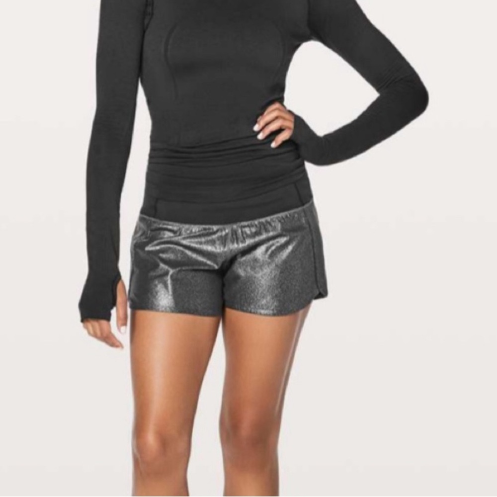 Lululemon Run Times Luminosity Foil Metallic Silver Shorts 4” Inseam